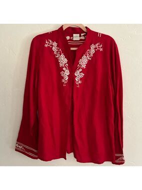 Emma James Embroidered Rose Red Button Down Blouse Size 14